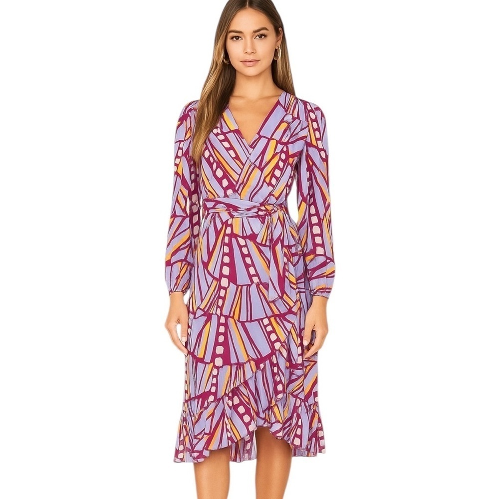 Marie Oliver Silk Ruffle Hem Midi Dress with Tie Size S